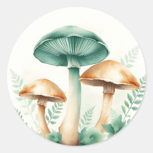 Sticker Rond Champignons d'aquarelle avec fougères