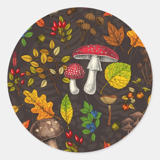 Sticker Rond Champignons d'automne, feuilles, noix et baies sur (Devant)