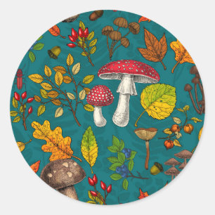 Sticker Rond Champignons d'automne, feuilles, noix et baies sur