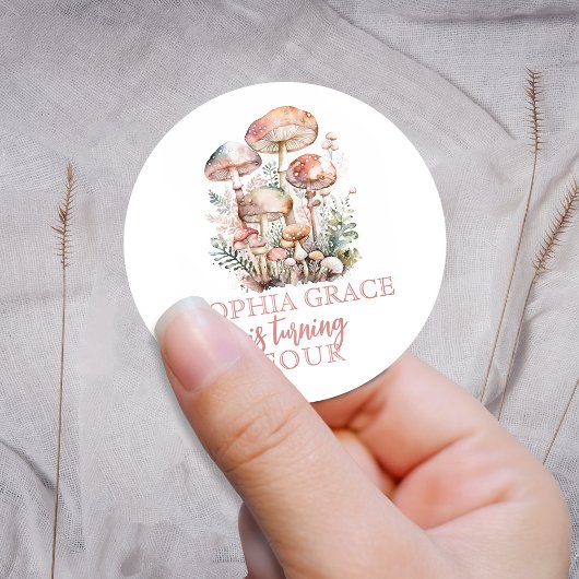 Sticker Rond Champignons des bois rose pâle