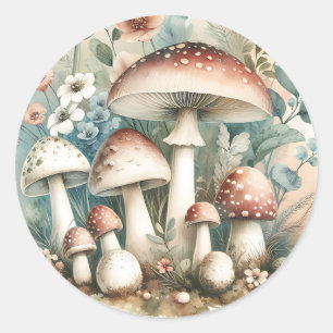 Sticker Rond Champignons et fleurs aquarelles vintage fantaisis