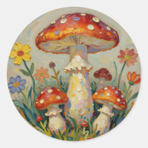 Sticker Rond Champignons et fleurs de style Cottage Core