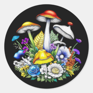 Sticker Rond Champignons et fleurs magiques