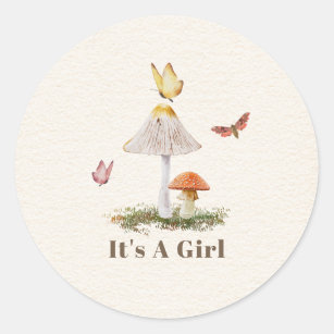 Sticker Rond Champignons Papillons Nature Fille Baby shower