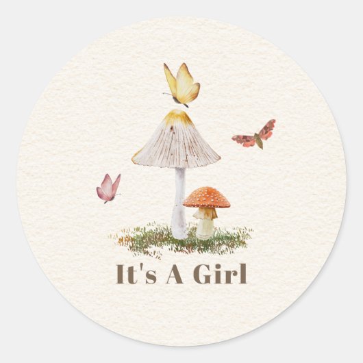 Sticker Rond Champignons Papillons Nature Fille Baby shower (Devant)