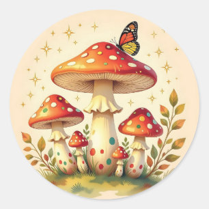 Sticker Rond Champignons Rétro et Papillon Couleurs Vintage