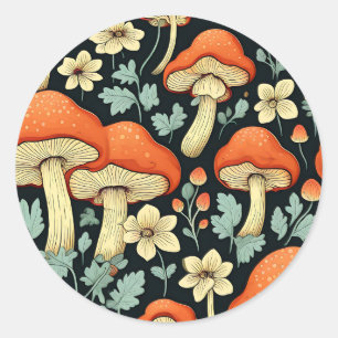 Sticker Rond Champignons rétro Fleurs Vintages