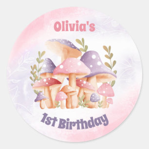 Sticker Rond Champignons violets roses Automne 1er Anniversaire