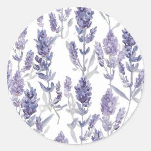 Sticker Rond Champs de Lavande Motif de Fleur Aquarelle Viole