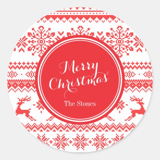 Sticker Rond Chandail de Noël rouge brun motif monogramme (Devant)