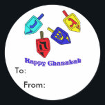 Sticker Rond Chanukah Dreidels<br><div class="desc">Un joyeux cadeau de Chanukah avec 4 dreidels avec des lettres hébraïques qui représentent Un grand miracle s'est produit là!</div>
