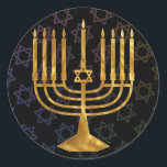 Sticker Rond Chanukah heureux<br><div class="desc">Illustration d'un menorah avec le texte heureux de Chanukah</div>
