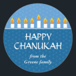 Sticker Rond Chanukah Menorah<br><div class="desc">Prix du meilleur d'aujourd'hui - 14 septembre 2010 Allumez la menorah et partagez votre joie sur Chanukah. Une carte photographique qui met en valeur vos proches couronnés par une menorah Chanukah, illuminée. Tout le texte est personnalisable et s'assied contre des panneaux de couleur royale et bleu clair avec un motif...</div>