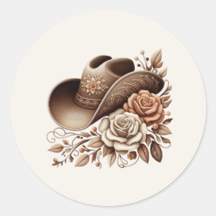 Sticker Rond Chapeau de cowgirl Country Western avec fleurs