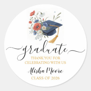 Sticker Rond Chapeau de diplômé à l'aquarelle Merci