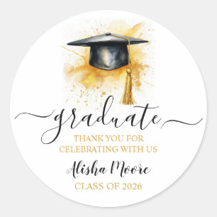 Sticker Rond Chapeau de diplômé à l'aquarelle Merci