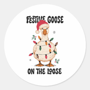 Sticker Rond Chapeau de Noël de Santa Claus avec une oie festiv