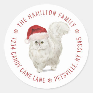 Sticker Rond Chapeau de Père Noël de chat blanc mignon Adresse