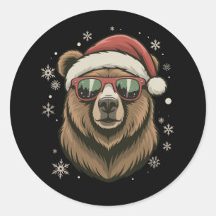 Sticker Rond Chapeau de Père Noël Ours Grizzly Drôle Mignon Amo