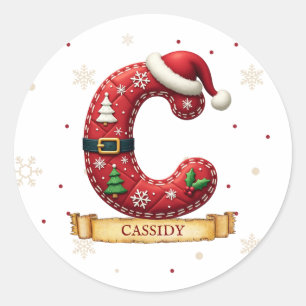 Sticker Rond Chapeau de Père Noël Rouge Noël Lettre C Nom
