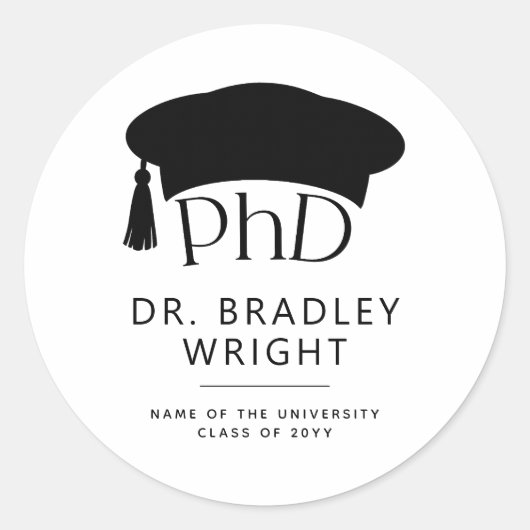 Sticker Rond Chapeau de remise des diplômes de doctorat PhD Dip (Devant)