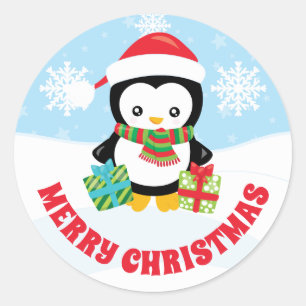 Sticker Rond Chapeau de Santa rouge mignon pour enfants Manchot