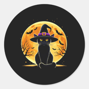 Sticker Rond Chapeau de sorcière chat noir Halloween mignon Hal