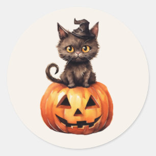 Sticker Rond Chapeau de sorcière de chat noir Citrouille Jack O