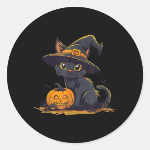 Sticker Rond Chapeau de sorcière de chat noir Halloween mignon 