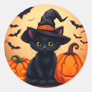 Sticker Rond Chapeau de sorcière de chaton noir effrayant Citro