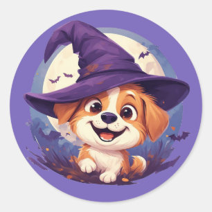 Sticker Rond Chapeau de Sorcière de Chien Mignon et Joyeux Déco