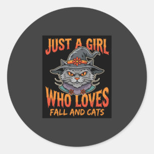 Sticker Rond Chapeau de Sorcière Fille Chat Halloween Dessin d'