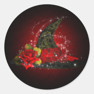 Sticker Rond Chapeau de sorcière Glam Lacy noir rouge paillette