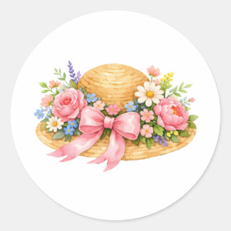 Sticker Rond Chapeau d'été à l'aquarelle avec fleurs et ruban