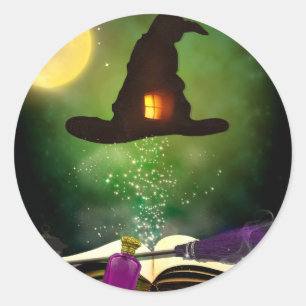 Sticker Rond Chapeau Magique & Livre de Sorts Magiques Fête Fan