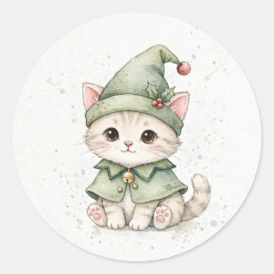 Sticker Rond Chapeau pointu de Noël de chaton elfique
