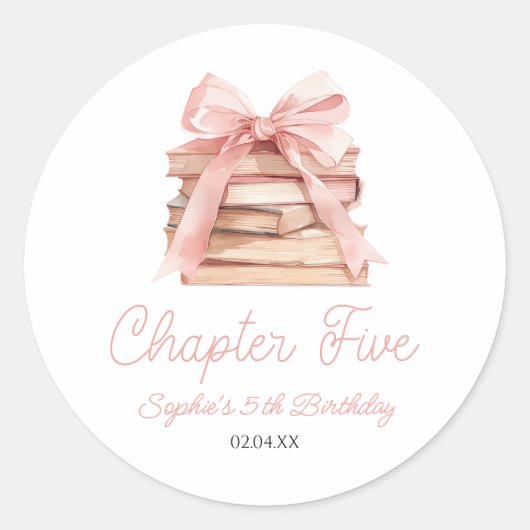 Sticker Rond Chapitre cinq Livres à Ruban Rose Fête d'anniversa (Devant)