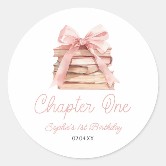 Sticker Rond Chapter One Pink Bow Books 1st Birthday Party (Devant)