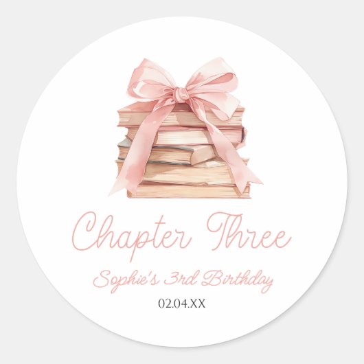 Sticker Rond Chapter Three Pink Bow Books 3rd Birthday Party (Devant)