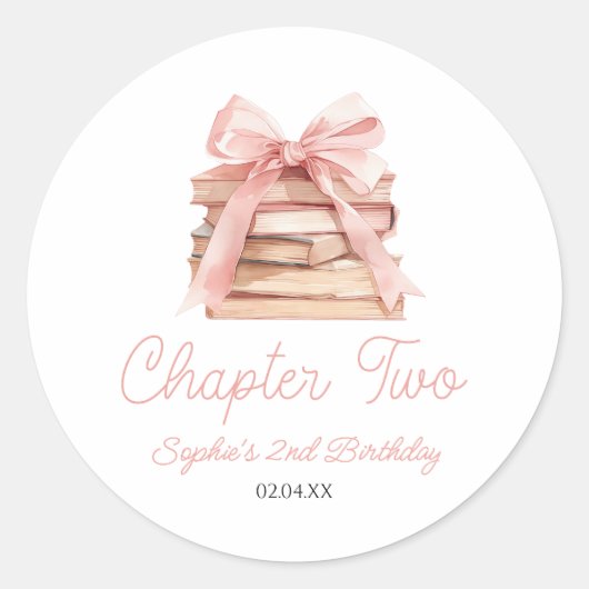 Sticker Rond Chapter Two Pink Bow Books 2nd Birthday Party (Devant)