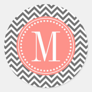 Sticker Rond Charcoal Grey Chevron Zigzag Personnalisé Monogram