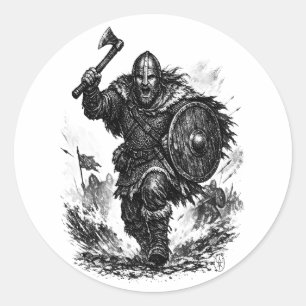 Sticker Rond Charge du guerrier Viking - Combat à l'encre