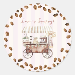 Sticker Rond Chariot à café Love Is Brewing pour mariage et ent