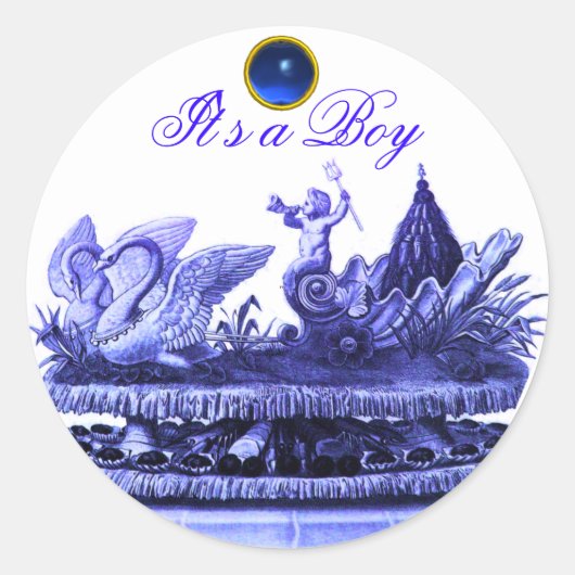 STICKER ROND CHARIOT BLEU DE SWANS /CUPCAKES BABY SHOWER GARÇON (Devant)