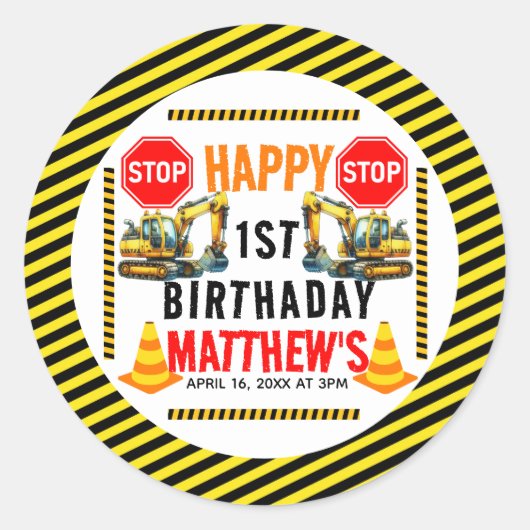 Sticker Rond Chariot de construction 1ère fête d'anniversaire (Devant)