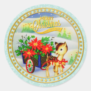 Sticker Rond Chariot de fleurs et rennes de Noël vintage adorab