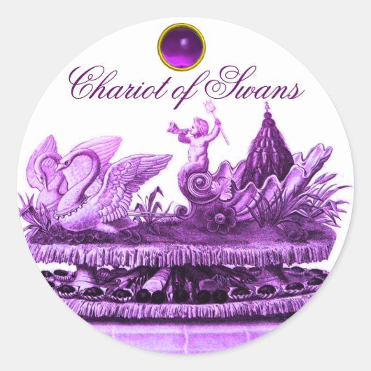 STICKER ROND CHARIOT DE SWANS ET CUPCAKES PURPLE BEACH MARIAGE (Devant)