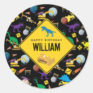 Sticker Rond Chariots de construction Dinosaures dans l'espace