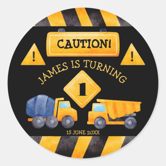 Sticker Rond Chariots de construction fête d'anniversaire (Devant)