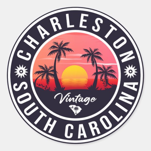 Sticker Rond Charleston Caroline du Sud - Retro Sunset Souvenir (Devant)